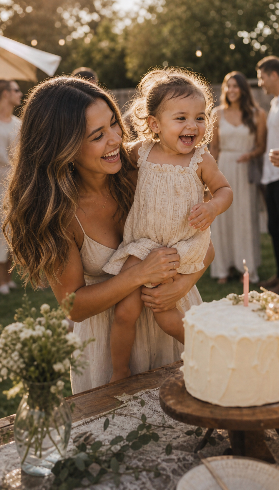 Mom and toddler laughing at a family celebration