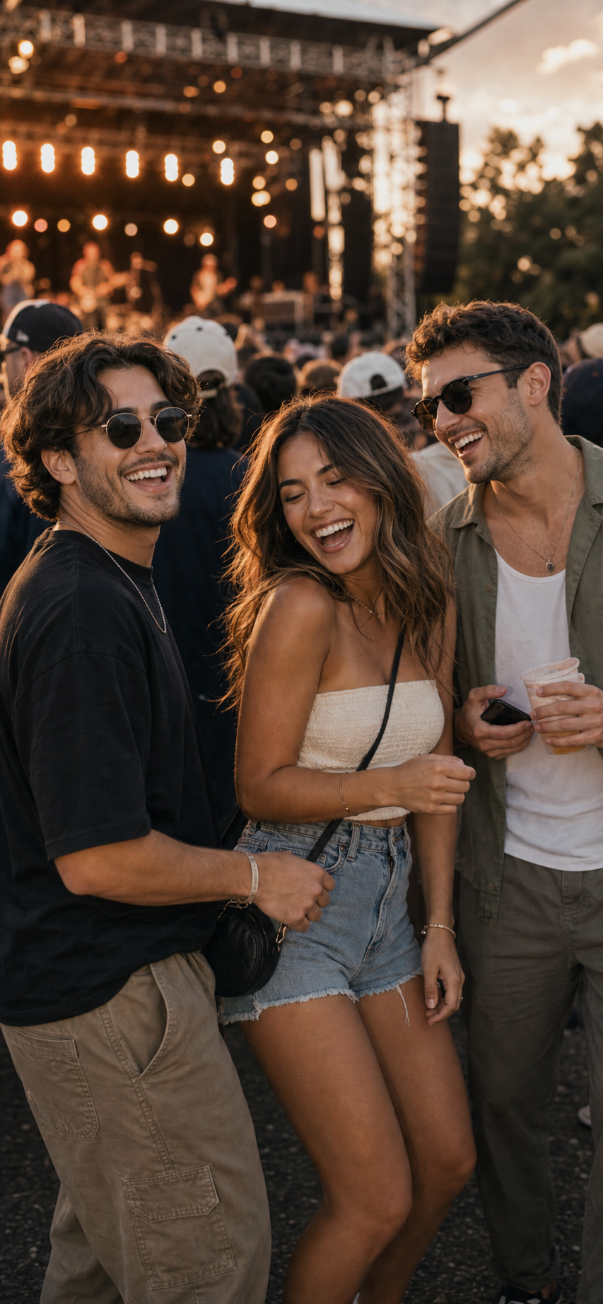 Friends smiling at an outdoor concert
